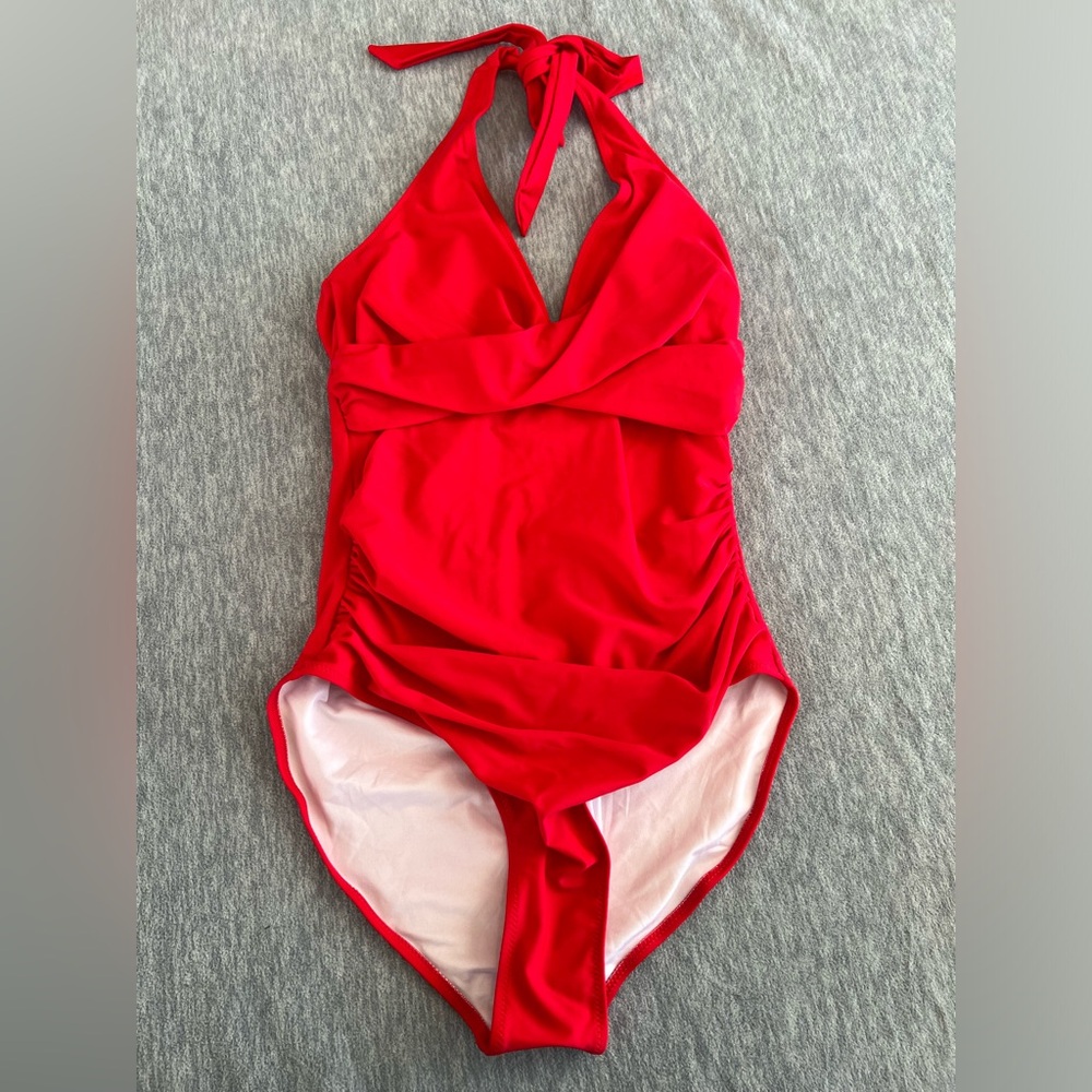 Swimsuit 1 piece red women S ruched halter tie pin up style swimwear summer new